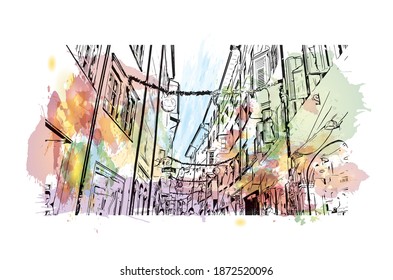 Building view with landmark of Bolzano is the 
city of Italy. Watercolour splash with hand drawn sketch illustration in vector.