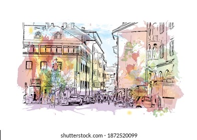 Building view with landmark of Bolzano is the 
city of Italy. Watercolour splash with hand drawn sketch illustration in vector.