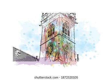 Building view with landmark of Bolzano is the 
city of Italy. Watercolour splash with hand drawn sketch illustration in vector.