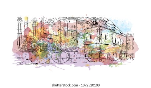 Building view with landmark of Bolzano is the 
city of Italy. Watercolour splash with hand drawn sketch illustration in vector.