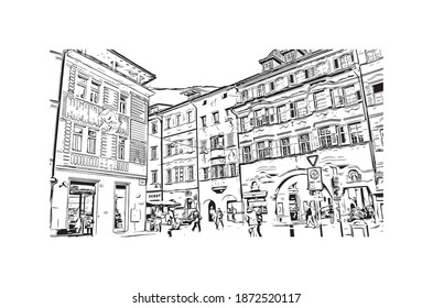 Building view with landmark of Bolzano is the 
city of Italy. Hand drawn sketch illustration in vector.