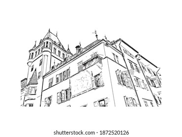 Building view with landmark of Bolzano is the 
city of Italy. Hand drawn sketch illustration in vector.