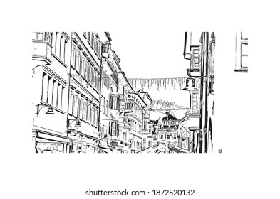 Building view with landmark of Bolzano is the 
city of Italy. Hand drawn sketch illustration in vector.