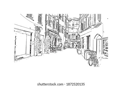 Building view with landmark of Bolzano is the 
city of Italy. Hand drawn sketch illustration in vector.