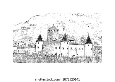 Building view with landmark of Bolzano is the 
city of Italy. Hand drawn sketch illustration in vector.