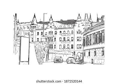 Building view with landmark of Bolzano is the 
city of Italy. Hand drawn sketch illustration in vector.