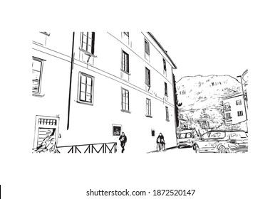 Building view with landmark of Bolzano is the 
city of Italy. Hand drawn sketch illustration in vector.