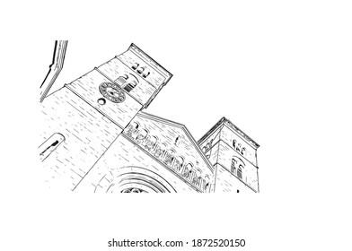 Building view with landmark of Bolzano is the 
city of Italy. Hand drawn sketch illustration in vector.