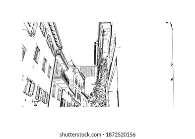 Building view with landmark of Bolzano is the 
city of Italy. Hand drawn sketch illustration in vector.