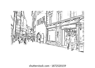 Building view with landmark of Bolzano is the 
city of Italy. Hand drawn sketch illustration in vector.