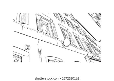 Building view with landmark of Bolzano is the 
city of Italy. Hand drawn sketch illustration in vector.