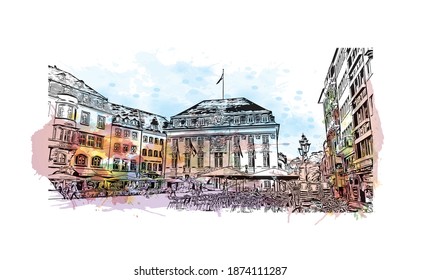 Building view with landmark of Bonn is the 
city of Germany. Watercolour splash with hand drawn sketch illustration in vector.