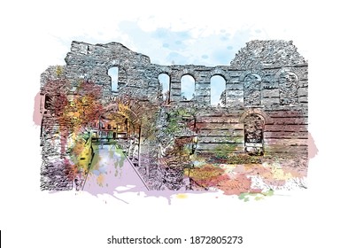 Building view with landmark of Bordeaux is the 
city of France. Watercolour splash with hand drawn sketch illustration in vector.