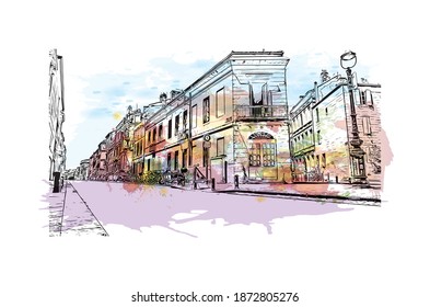 Building view with landmark of Bordeaux is the 
city of France. Watercolour splash with hand drawn sketch illustration in vector.