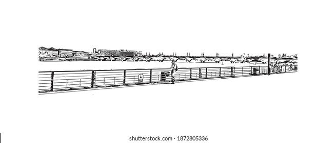 Building view with landmark of Bordeaux is the 
city of France. Hand drawn sketch illustration in vector.