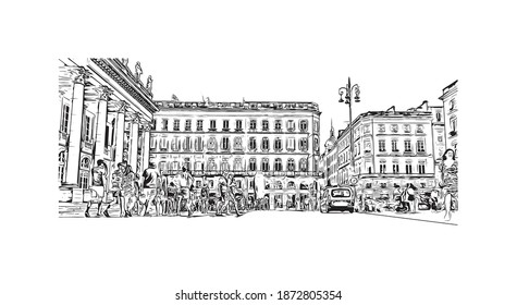 Building view with landmark of Bordeaux is the 
city of France. Hand drawn sketch illustration in vector.