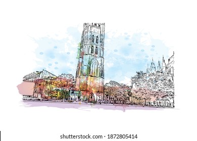Building view with landmark of Bordeaux is the 
city of France. Watercolour splash with hand drawn sketch illustration in vector.