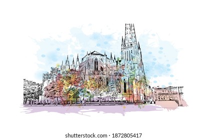 Building view with landmark of Bordeaux is the 
city of France. Watercolour splash with hand drawn sketch illustration in vector.