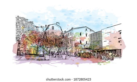 Building view with landmark of Bordeaux is the 
city of France. Watercolour splash with hand drawn sketch illustration in vector.