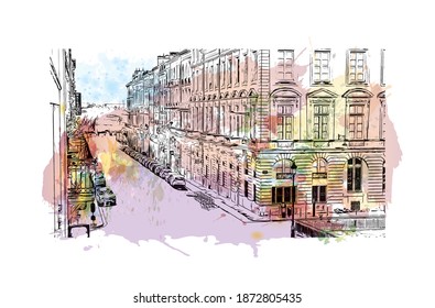 Building view with landmark of Bordeaux is the 
city of France. Watercolour splash with hand drawn sketch illustration in vector.