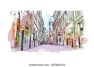 Building view with landmark of Bordeaux is the 
city of France. Watercolour splash with hand drawn sketch illustration in vector.