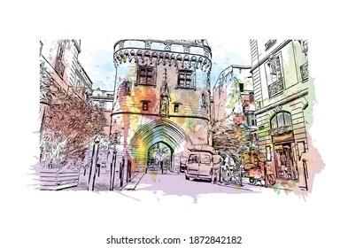 Building view with landmark of Bordeaux is the 
city of France. Watercolour splash with hand drawn sketch illustration in vector.
