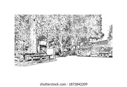 Building view with landmark of Bordeaux is the 
city of France. Hand drawn sketch illustration in vector.