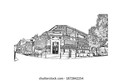 Building view with landmark of Bordeaux is the 
city of France. Hand drawn sketch illustration in vector.