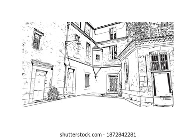 Building view with landmark of Bordeaux is the 
city of France. Hand drawn sketch illustration in vector.