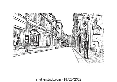 Building view with landmark of Bordeaux is the 
city of France. Hand drawn sketch illustration in vector.