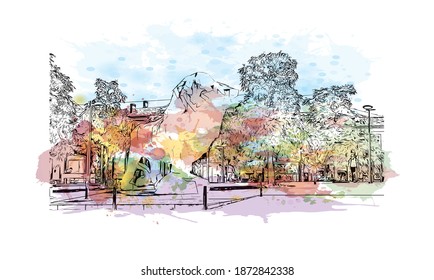 Building view with landmark of Bordeaux is the 
city of France. Watercolour splash with hand drawn sketch illustration in vector.