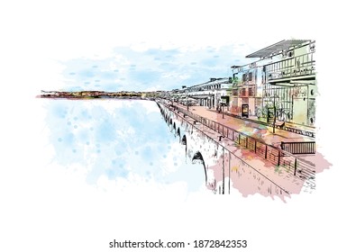 Building view with landmark of Bordeaux is the 
city of France. Watercolour splash with hand drawn sketch illustration in vector.
