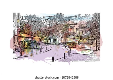 Building view with landmark of Bordeaux is the 
city of France. Watercolour splash with hand drawn sketch illustration in vector.