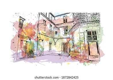 Building view with landmark of Bordeaux is the 
city of France. Watercolour splash with hand drawn sketch illustration in vector.