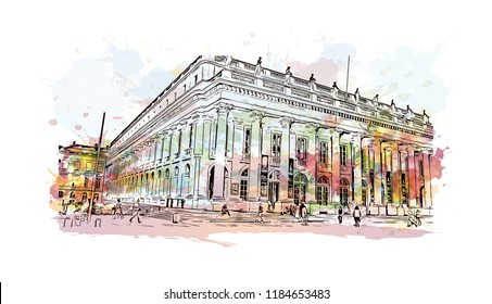 Building view with Landmark of Bordeaux,  France. Watercolor splash with Hand drawn sketch illustration in vector.