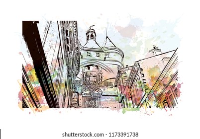 Building view with landmark of Bordeaux, hub of the famed wine-growing region, Port of the Moon, France. Watercolor splash with Hand drawn sketch illustration in vector.