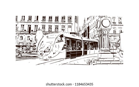 Building view with Landmark of Bordeaux, hub of the famed wine-growing region, is a port city on the Garonne River in southwestern France. Hand drawn sketch illustration in vector.