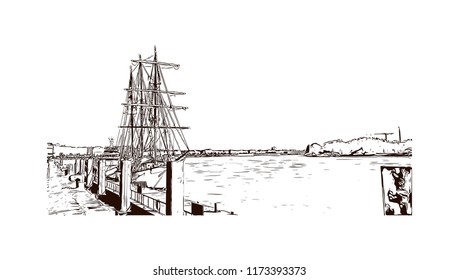 Building view with landmark of Bordeaux, Bordeaux, Port of the Moon, France. Hand drawn sketch illustration in vector.