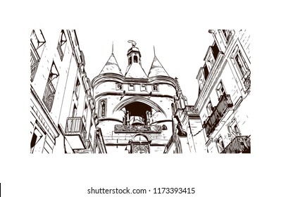 Building view with landmark of Bordeaux, Bordeaux, Port of the Moon, France. Hand drawn sketch illustration in vector.