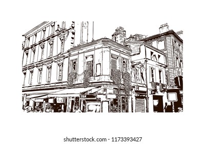Building view with landmark of Bordeaux, Bordeaux, Port of the Moon, France. Hand drawn sketch illustration in vector.