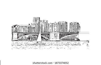 Building view with landmark of Boston is the 
city in Massachusetts. Hand drawn sketch illustration in vector.