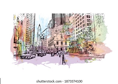 Building view with landmark of Boston is the 
city in Massachusetts. Watercolour splash with hand drawn sketch illustration in vector.