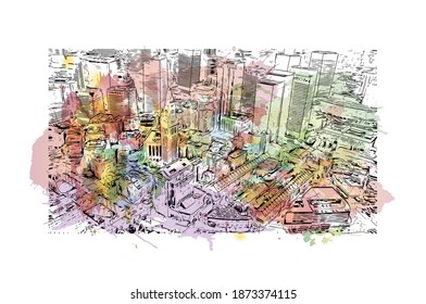 Building view with landmark of Boston is the 
city in Massachusetts. Watercolour splash with hand drawn sketch illustration in vector.