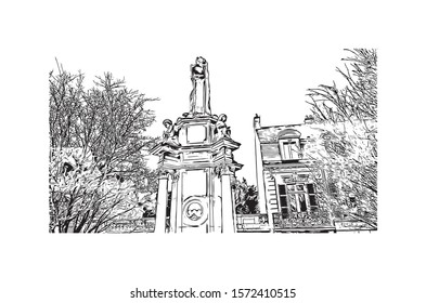 Building view with landmark of Bourges is a city in central France known for its half-timbered houses. Hand drawn sketch illustration in vector.