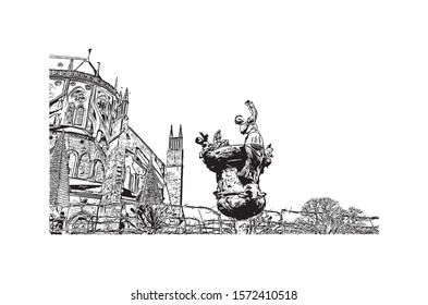 Building view with landmark of Bourges is a city in central France known for its half-timbered houses. Hand drawn sketch illustration in vector.