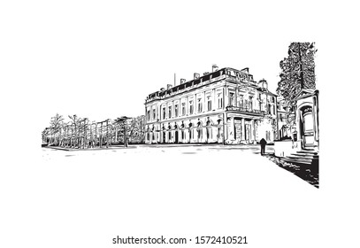 Building view with landmark of Bourges is a city in central France known for its half-timbered houses. Hand drawn sketch illustration in vector.