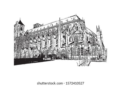 Building view with landmark of Bourges is a city in central France known for its half-timbered houses. Hand drawn sketch illustration in vector.