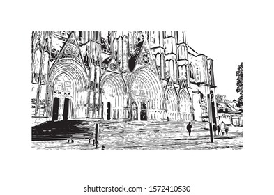 Building view with landmark of Bourges is a city in central France known for its half-timbered houses. Hand drawn sketch illustration in vector.
