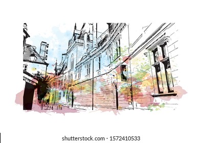 Building view with landmark of Bourges is a city in central France known for its half-timbered houses. Watercolor splash with Hand drawn sketch illustration in vector.