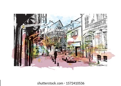 Building view with landmark of Bourges is a city in central France known for its half-timbered houses. Watercolor splash with Hand drawn sketch illustration in vector.